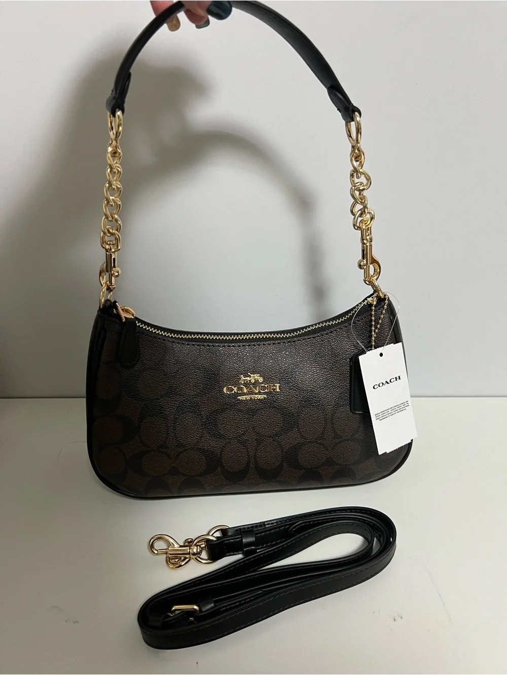 Coach Brown Signature Canvas Shoulder Bag with Black Trim and Gold Hardware